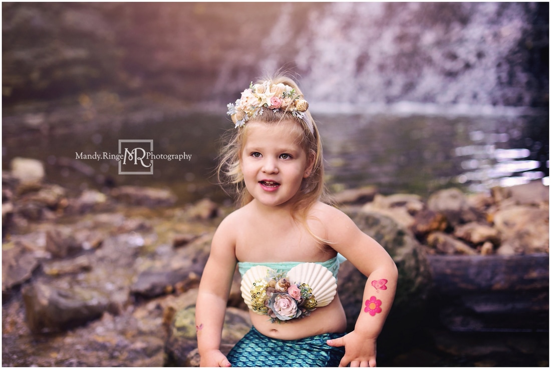 Mermaid mini session // green tail, floral shell top, waterfall, creek, rocks // South Elgin, IL // by Mandy Ringe Photography