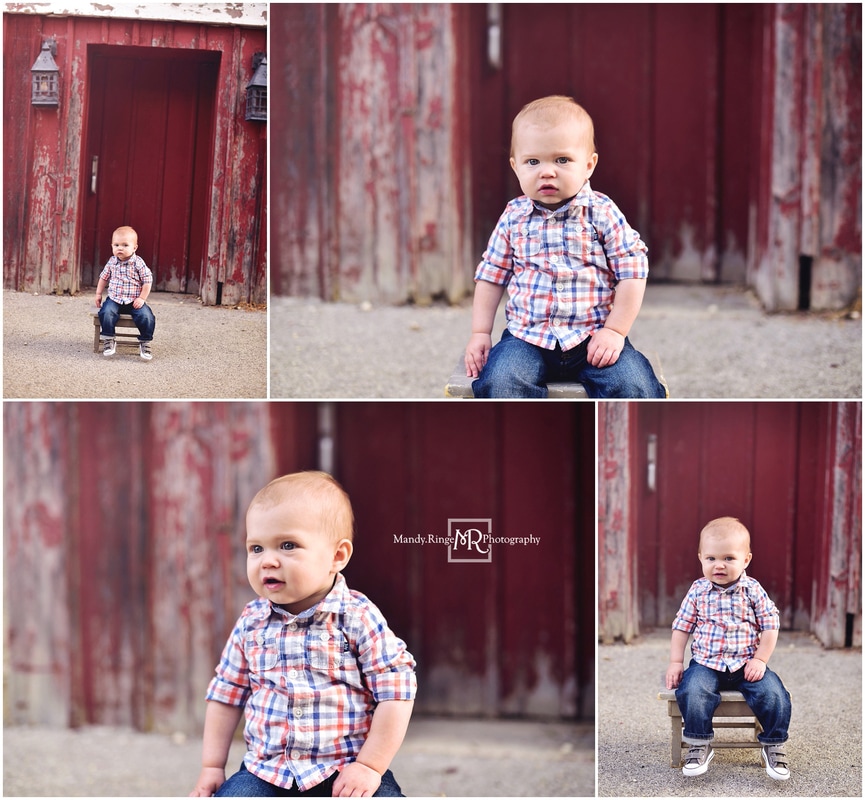 Boy first birthday portraits and cake smash // Farm, barn, rustic, plaid // Leroy Oakes - St. Charles, IL // by Mandy Ringe Photography