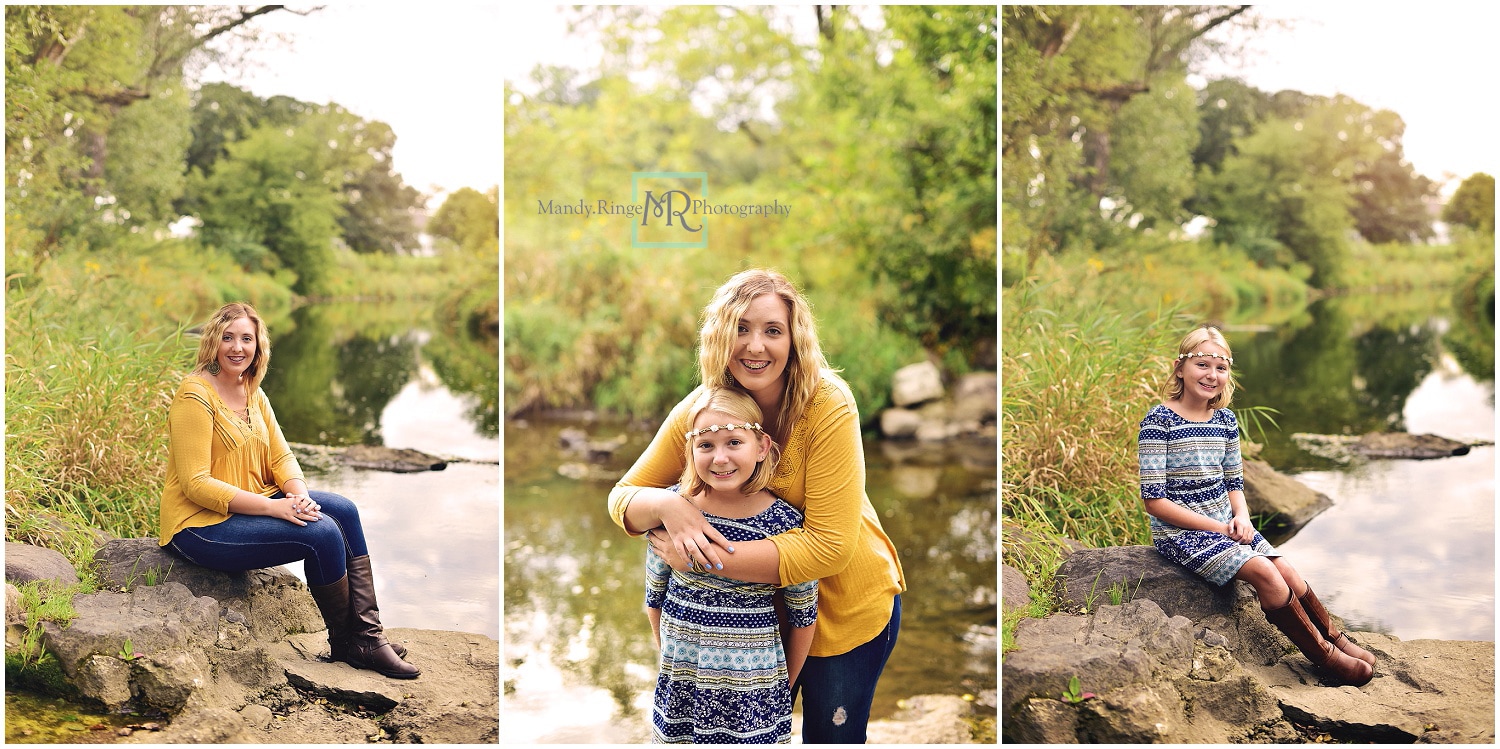 Summer family portraits // outdoors, forest, woods, creek, nature, mustard, navy, gray // Leroy Oakes Forest Preserve - St. Charles, IL // by Mandy Ringe Photography