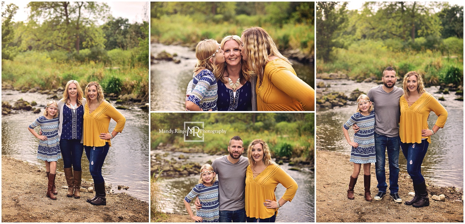 Summer family portraits // outdoors, forest, woods, creek, nature, mustard, navy, gray // Leroy Oakes Forest Preserve - St. Charles, IL // by Mandy Ringe Photography