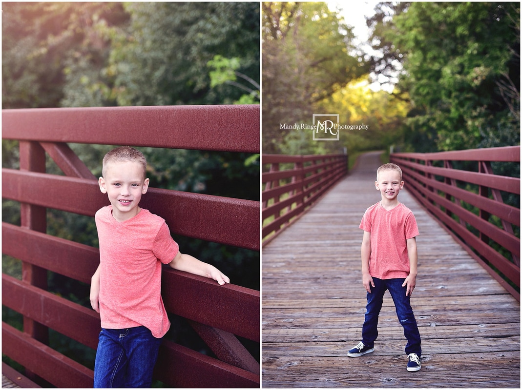 Summer family portraits // boy 6th birthday, outdoors, forest, pedestrian bridge // Leroy Oakes Forest Preserve - St Charles, IL // by Mandy Ringe Photography