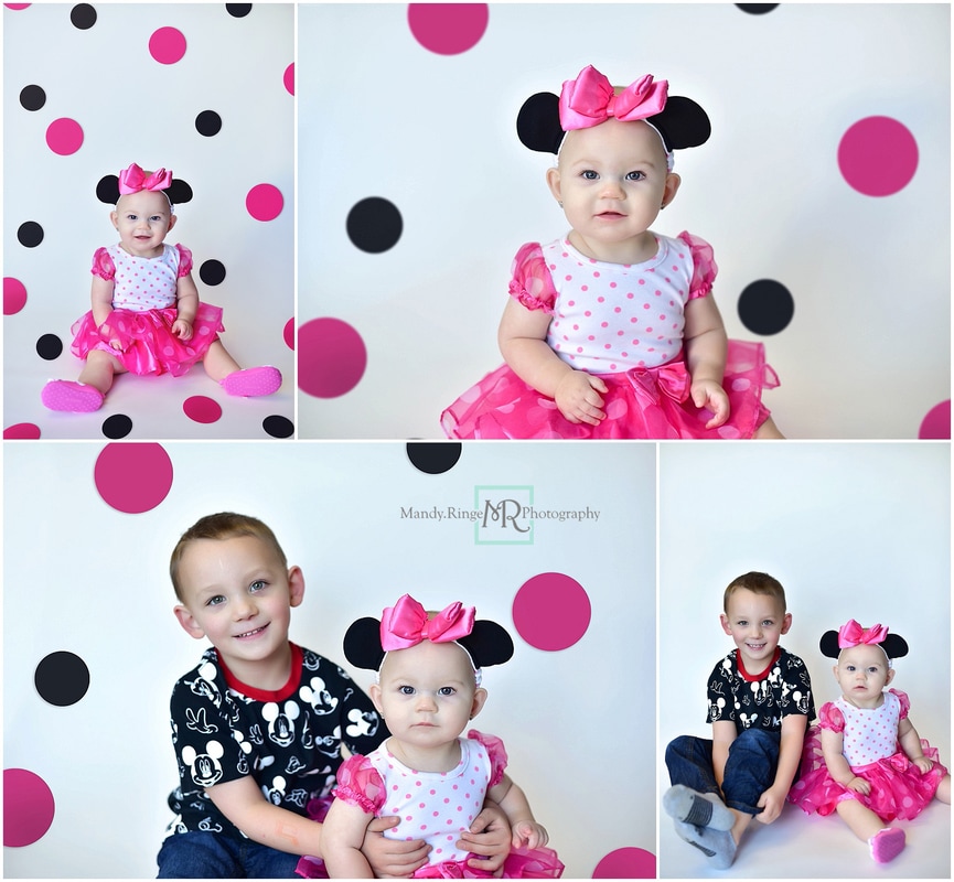 9 month milestone portraits // Minnie Mouse, pink and black, sibling portraits // Client's home - South Elgin, IL // by Mandy Ringe Photography