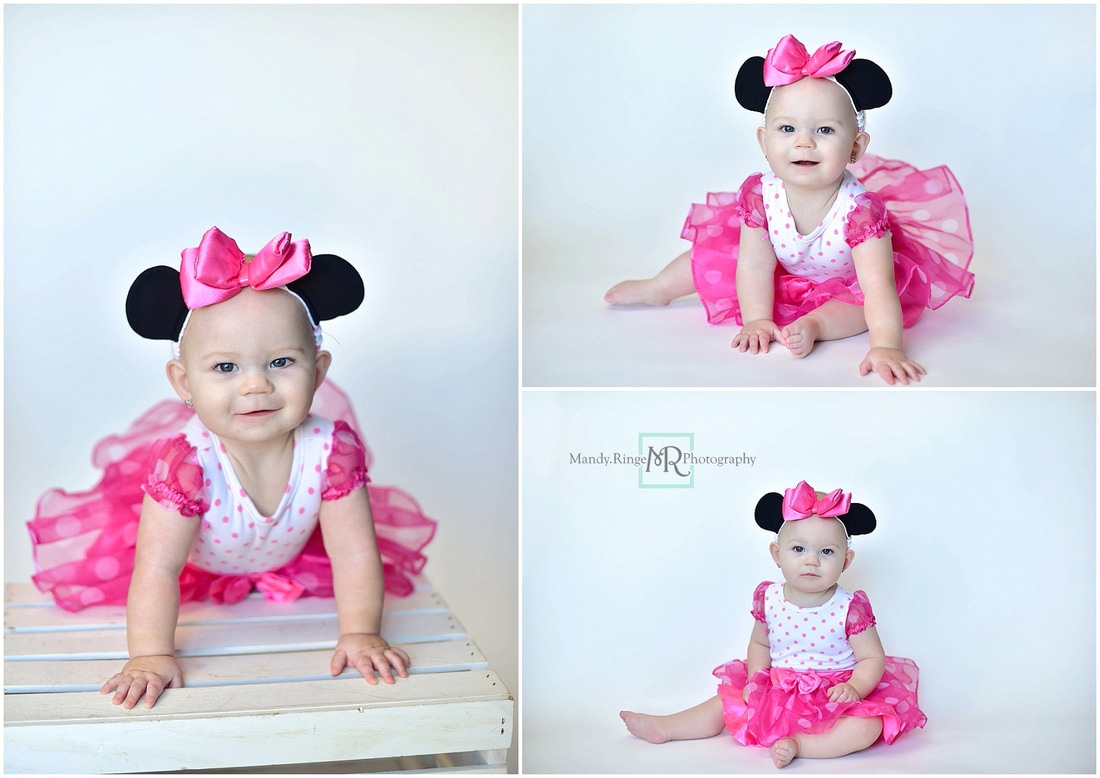 9 month milestone portraits // Minnie Mouse, pink and black // Client's home - South Elgin, IL // by Mandy Ringe Photography