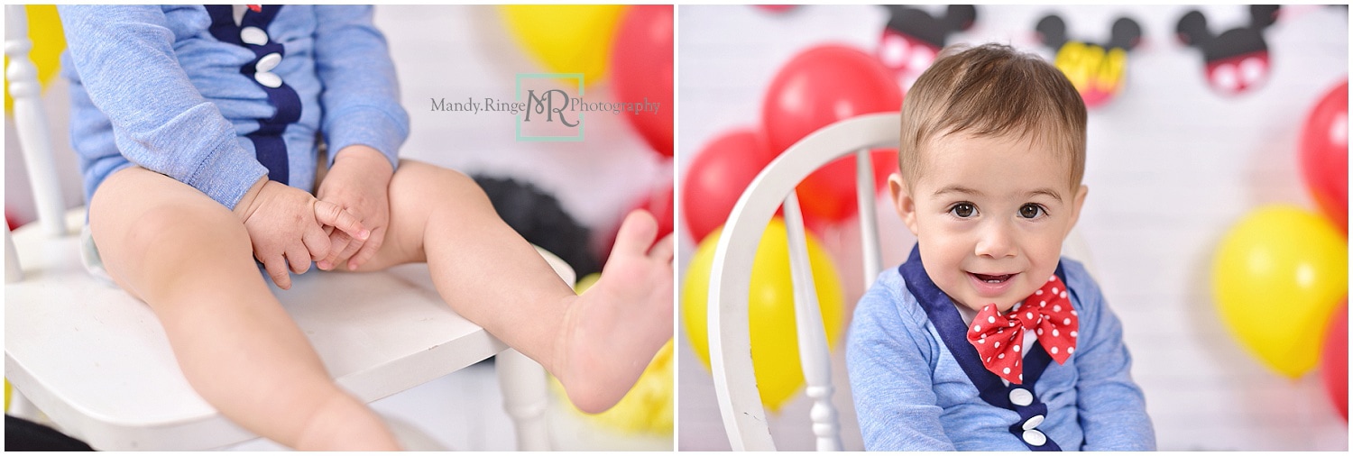 One year old boy portraits // first birthday, cake smash, mickey mouse, red, black, yellow, white, disney // St. Charles, IL // by Mandy Ringe Photography