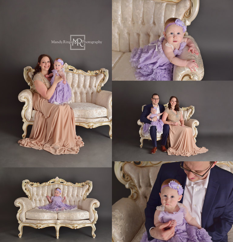 Family portraits // vintage couch, fancy, elegant, victorian // St. Charles, IL studio // by Mandy Ringe Photography