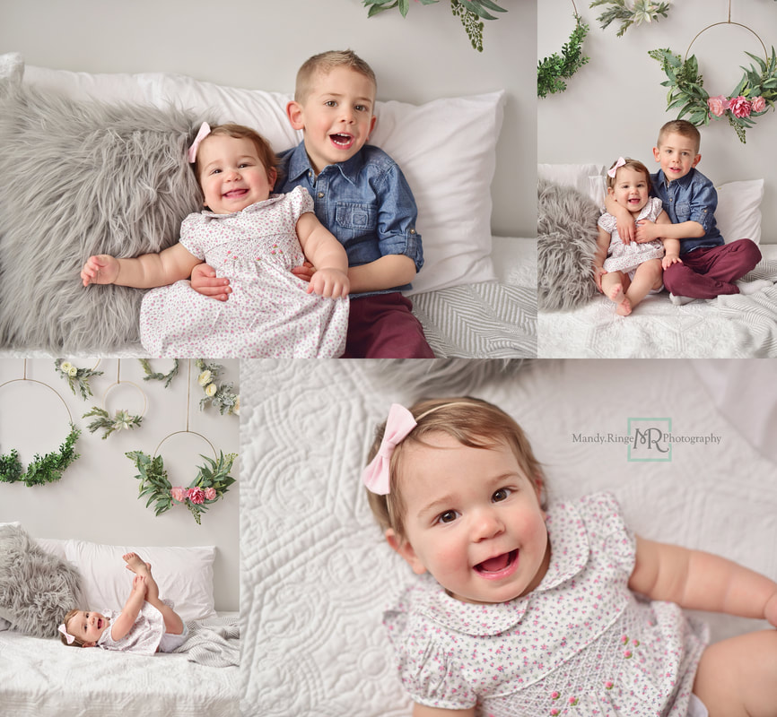 Family portraits, first birthday // studio, lifestyle, floral hoops, bed, white metal headboard, spring, one year old, 1 // St. Charles, IL studio // by Mandy Ringe Photography 