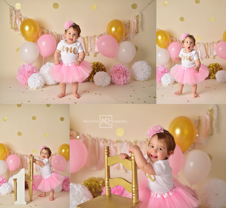 Pink and gold first birthday // bone seamless, gold glitter dots, rag garland, balloons, poofs, one year old, 1, tutu // St. Charles, IL studio // by Mandy Ringe Photography