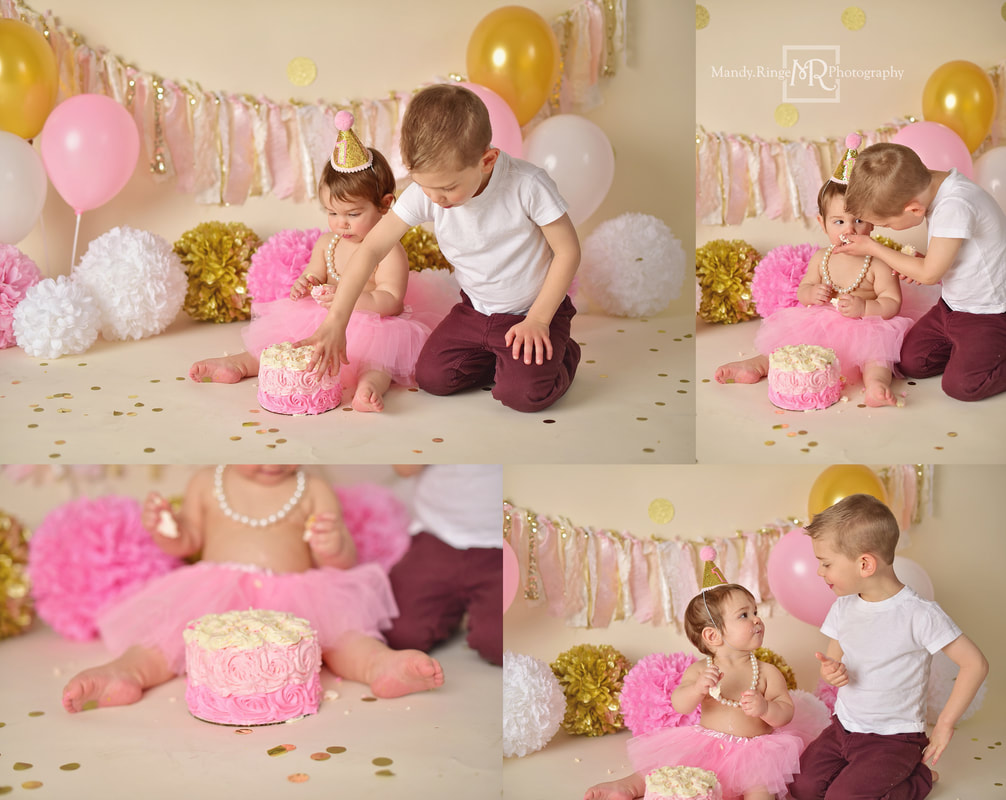 Pink and gold first birthday cake smash portraits // bone seamless, gold glitter dots, rag garland, balloons, poofs, one year old, 1, tutu // St. Charles, IL studio // by Mandy Ringe Photography