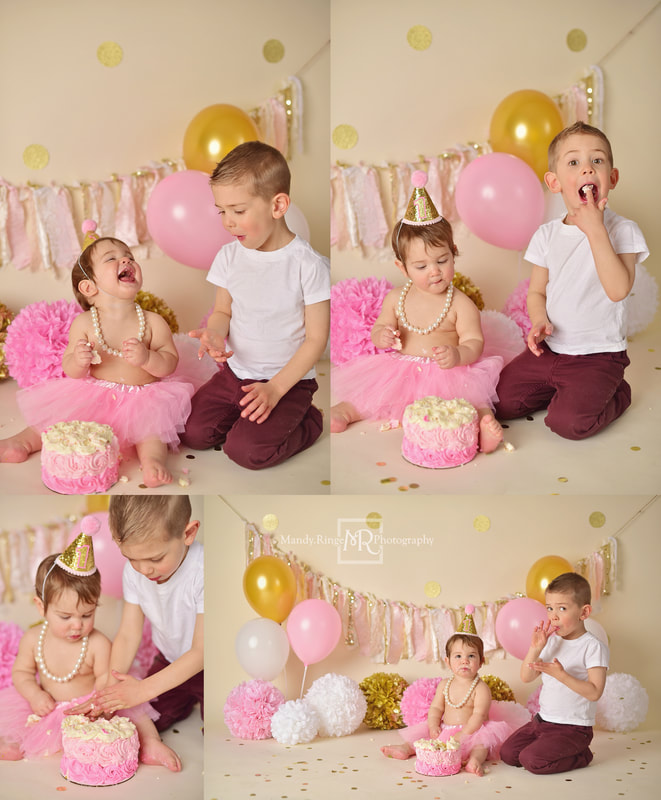 Pink and gold first birthday cake smash portraits // bone seamless, gold glitter dots, rag garland, balloons, poofs, one year old, 1, tutu // St. Charles, IL studio // by Mandy Ringe Photography