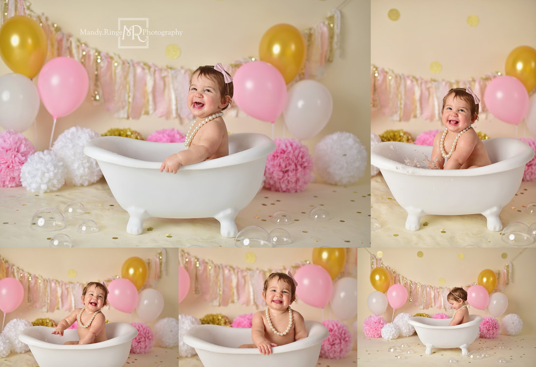 Pink and gold first birthday cake smash portraits // bone seamless, gold glitter dots, rag garland, balloons, poofs, one year old, 1, tutu, white claw foot tub, splash // St. Charles, IL studio // by Mandy Ringe Photography