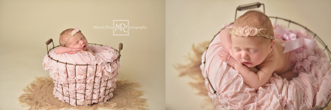 Newborn portraits // Girl, bone seamless, blush pink, egg basket, burlap // St. Charles, IL studio // by Mandy Ringe Photography