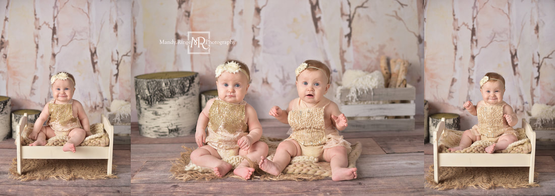 Twin girl sitter session // neutral colors, cream, ivory, elegant, chic, birch trees, identical, milestone, 8 months old // St. Charles, IL studio // by Mandy Ringe Photography