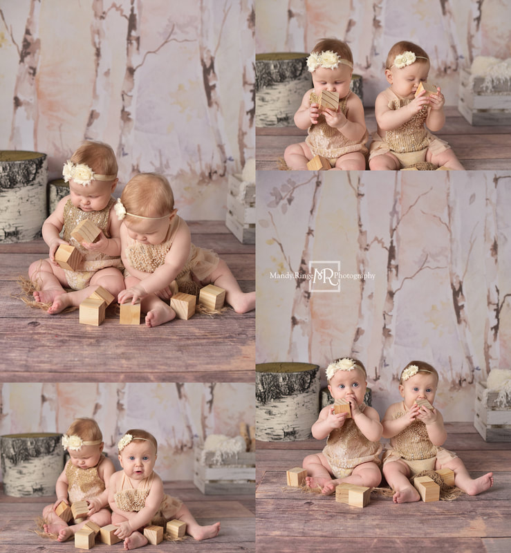 Twin girl sitter session // neutral colors, cream, ivory, elegant, chic, birch trees, identical, milestone, 8 months old // St. Charles, IL studio // by Mandy Ringe Photography