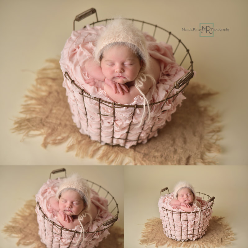 Newborn baby girl // Pink, cream, ivory, blush, wire basket, burlap, bone seamless, Beautiful Ewe bonnet // St. Charles, IL studio // by Mandy Ringe Photography
