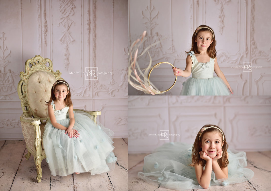 Milestone portraits // 4 year old girl, Moody Blues Frock from Dollcake, blue, teal, fancy vintage chair, Baby Dream Backdrops // St. Charles, IL studio // Mandy Ringe Photography