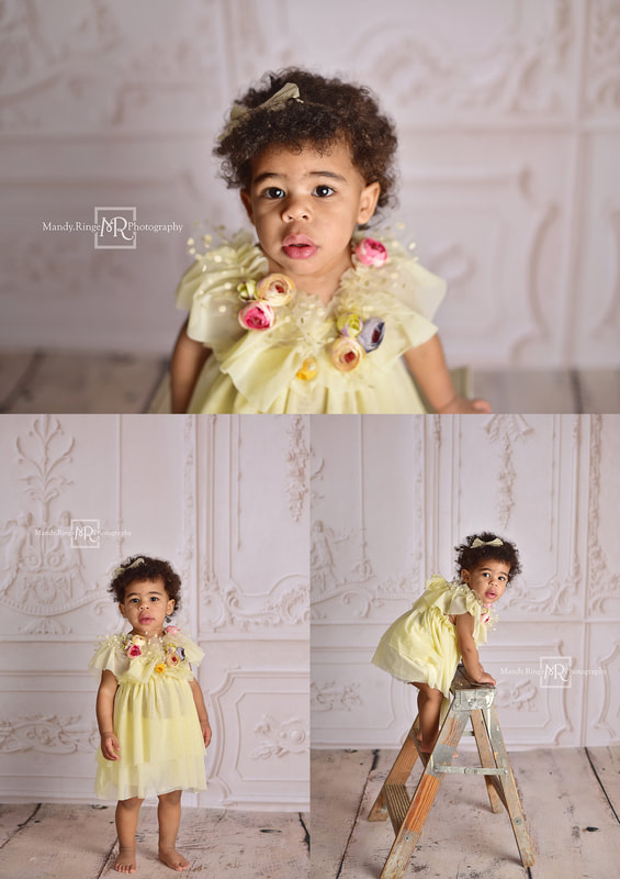 Milestone portraits // 1 year old girl, Nora outfit from Cora and Violet, Baby Dream Backdrops // St. Charles, IL studio // Mandy Ringe Photography
