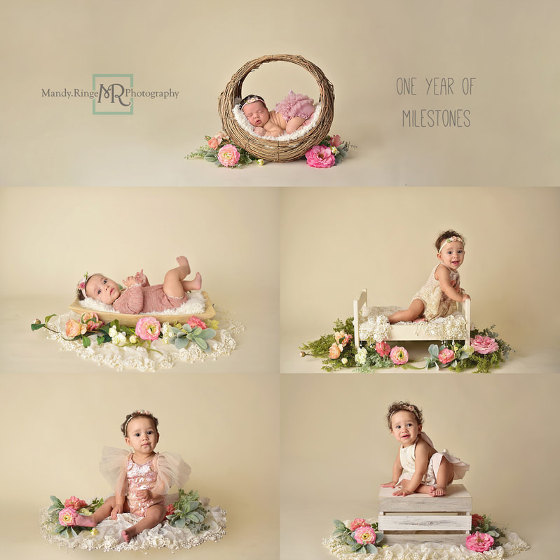 Baby girl first birthday portraits and cake smash // first year milestone portraits, crate, bed, basket, bowl, floral, flowers, lace, ivory, boho, bone seamless backdrop // by Mandy Ringe Photography // St. Charles, IL Photographer