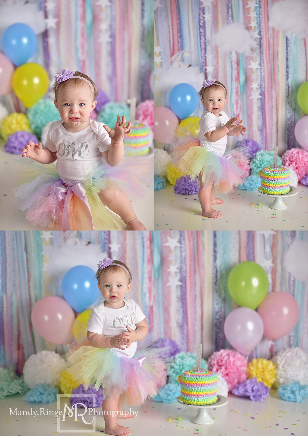 Baby girl first birthday portraits // Rainbow, stars, pastel, cake, puffs, poufs, Pastel Party, Intuitions Backdrops // by Mandy Ringe Photography // St. Charles, IL Photographer