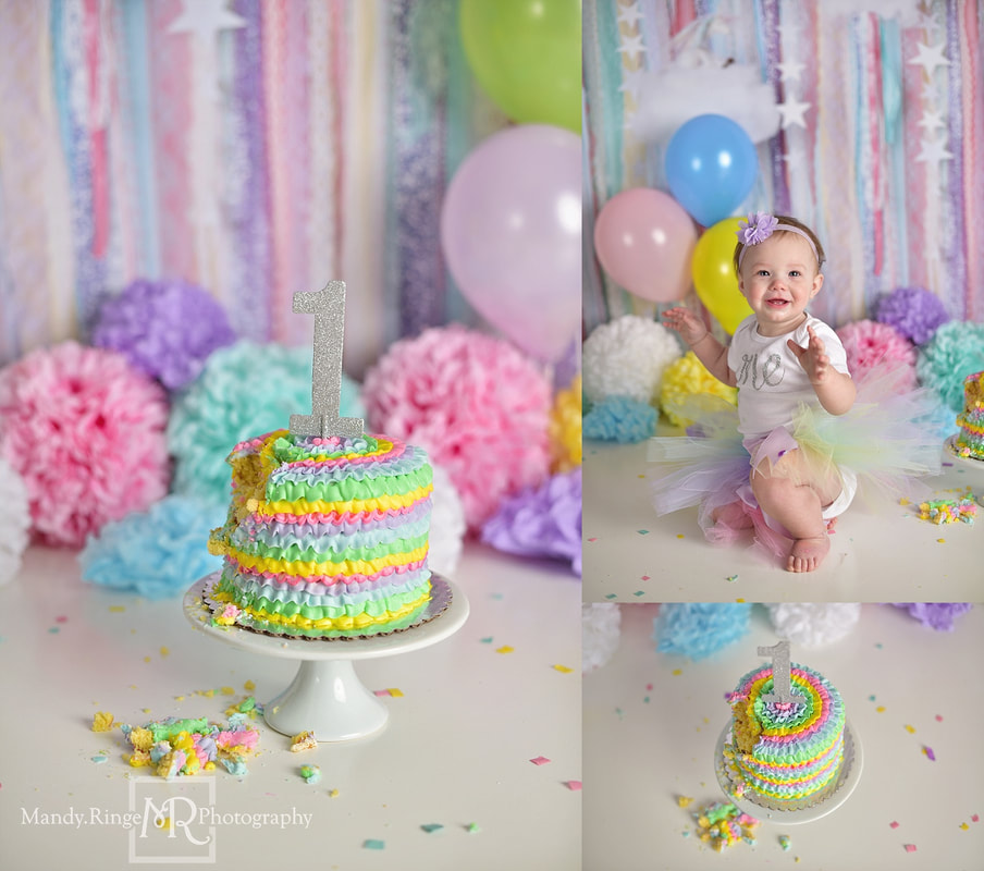 Baby girl first birthday portraits // Rainbow, stars, pastel, cake, puffs, poufs, Pastel Party, Intuitions Backdrops // by Mandy Ringe Photography // St. Charles, IL Photographer