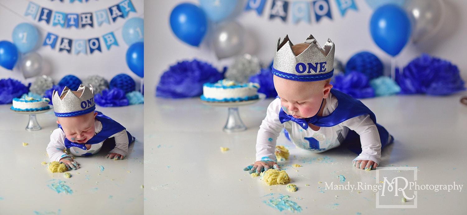 Little boy first birthday session and cake smash // little prince theme, shades of blue, silver, gray, 1 year old, royal // by Mandy Ringe Photography // St. Charles, IL Photographer