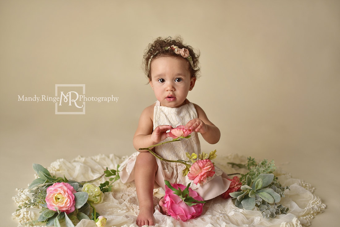 Baby girl first birthday portraits // milestone portraits, crate, floral, flowers, lace, ivory, bone seamless backdrop // by Mandy Ringe Photography // St. Charles, IL Photographer