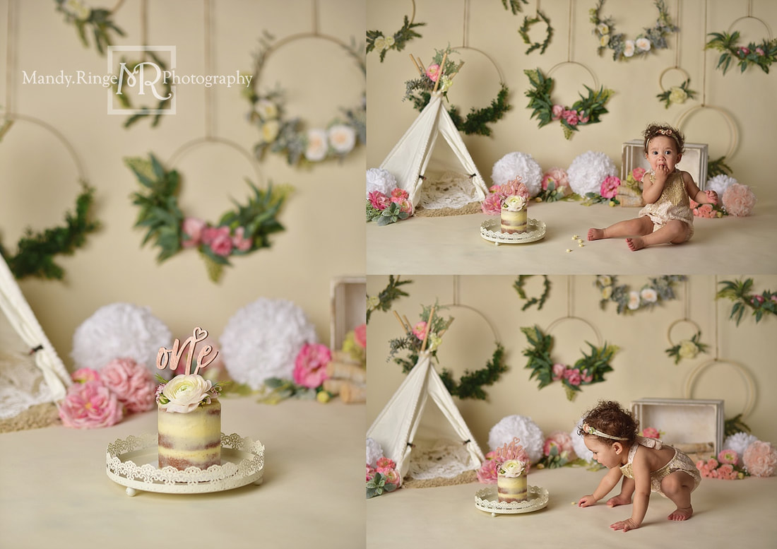 Baby girl first birthday portraits and cake smash // milestone portraits, crate, floral, flowers, lace, ivory, floral hoops, boho, poufs, puffs, teepee, bone seamless backdrop // by Mandy Ringe Photography // St. Charles, IL Photographer