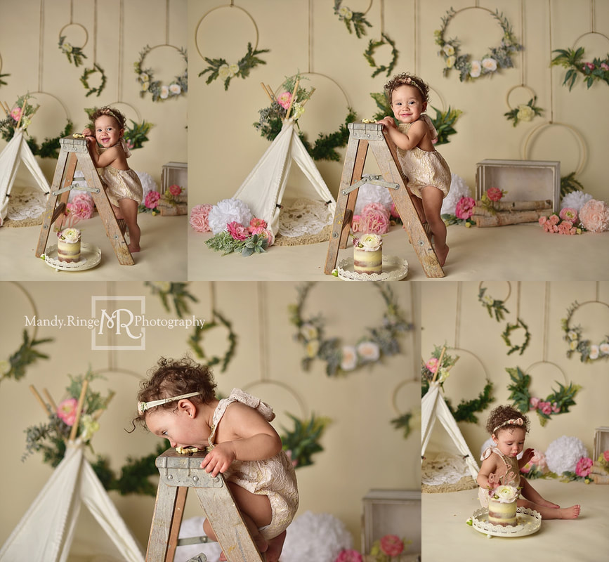 Baby girl first birthday portraits and cake smash // milestone portraits, crate, floral, flowers, lace, ivory, floral hoops, boho, poufs, puffs, teepee, bone seamless backdrop // by Mandy Ringe Photography // St. Charles, IL Photographer