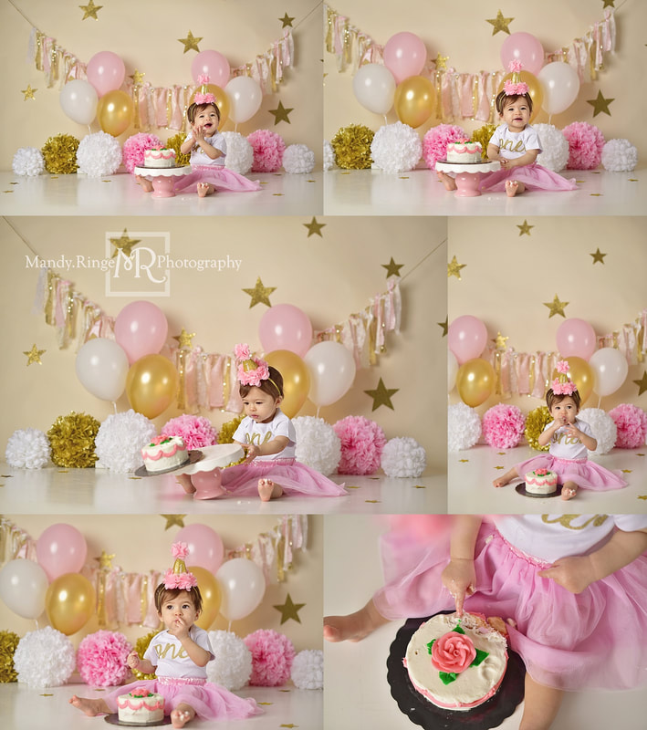 Baby girl first birthday cake smash session // ivory, pink, white, gold, stars, fabric banner, glitter, twinkle // by Mandy Ringe Photography // St. Charles, IL Photographer