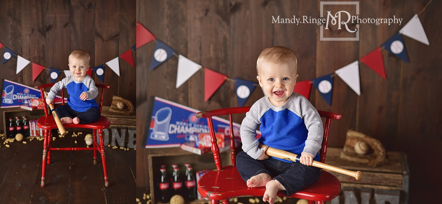 Baby boy first birthday portraits // milestone, one year old, vintage, baseball, peanuts, coca cola, Chicago Cubs // by Mandy Ringe Photography // St. Charles, IL Photographer
