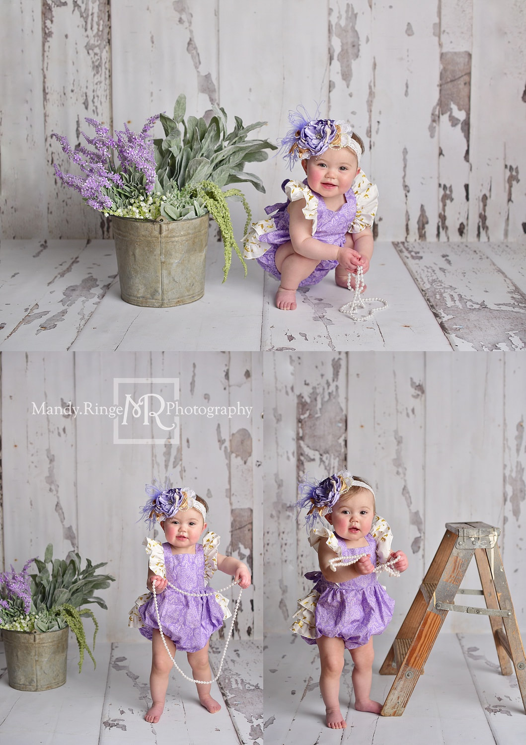 Baby girl first birthday portraits // milestone, one year old, purple, shabby white wood backdrop, pearls // by Mandy Ringe Photography // St. Charles, IL Photographer