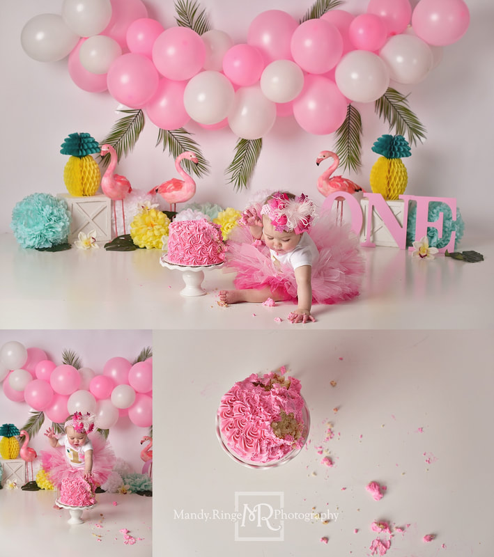 Baby girl first birthday and cake smash portraits // milestone, one year old, pineapples, flamingos, pink, yellow, teal, white, balloon arch garland, tropical, summer // by Mandy Ringe Photography // St. Charles, IL Photographer