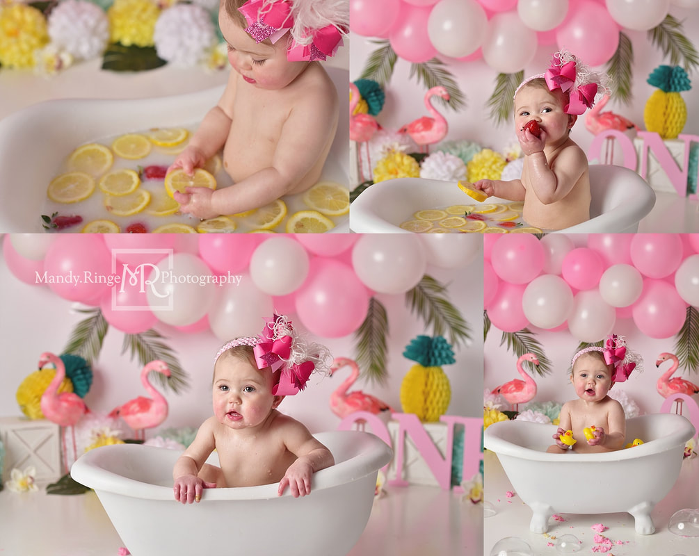 Baby girl first birthday and cake smash portraits // milestone, one year old, pineapples, flamingos, pink, yellow, teal, white, balloon arch garland, tropical, summer, milk fruit bath // by Mandy Ringe Photography // St. Charles, IL Photographer