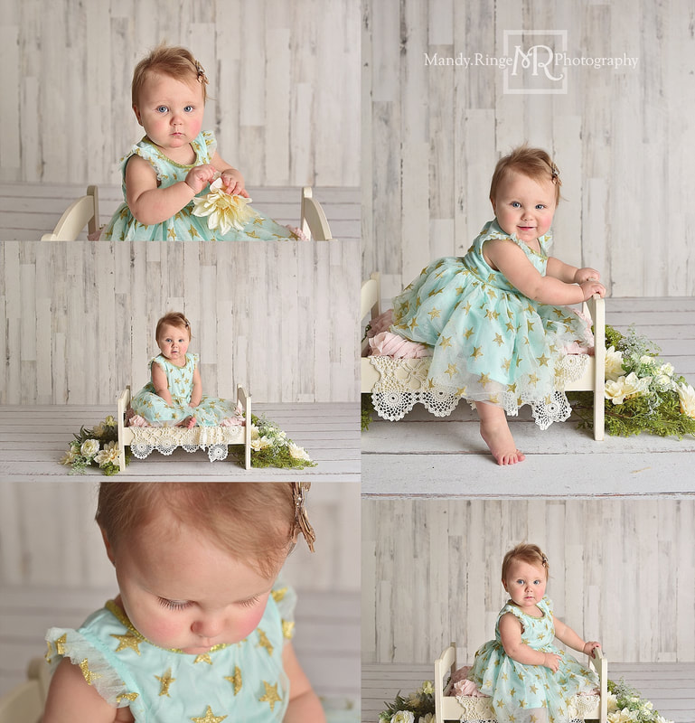 Baby girl first birthday portraits // Teal star dress, one year old, bed, flowers, floral, ivory, shabby white wood backdrop, simple, classic // by Mandy Ringe Photography // St. Charles, IL Photographer