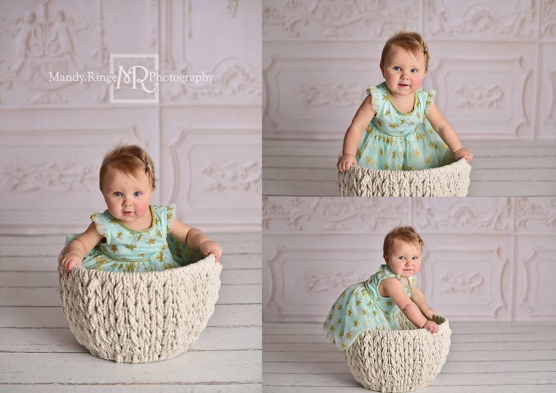 Baby girl first birthday portraits // Teal star dress, one year old, woven basket, ivory, elegant wall backdrop, simple, classic // by Mandy Ringe Photography // St. Charles, IL Photographer