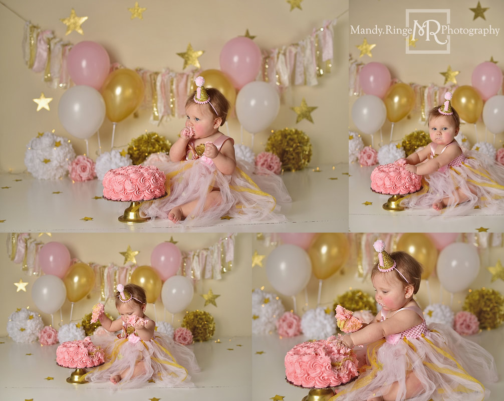 Baby girl first birthday and cake smash portraits // one year old, balloons, stars, pink, gold, white, ivory, bone seamless paper, poofs, puffs, fabric garland // by Mandy Ringe Photography // St. Charles, IL Photographer