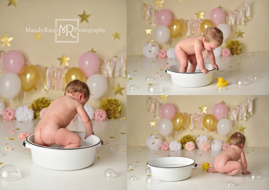 Baby girl first birthday and cake smash portraits // one year old, balloons, stars, pink, gold, white, ivory, bone seamless paper, poofs, puffs, fabric garland // by Mandy Ringe Photography // St. Charles, IL Photographer