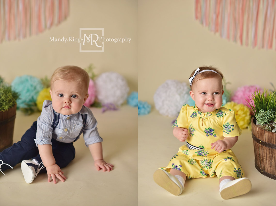 Boy and girl twins first birthday portraits // pastel, rainbow, colorful, spring, flowers, puffs, poofs, ribbon garland // by Mandy Ringe Photography // St. Charles, IL Photographer