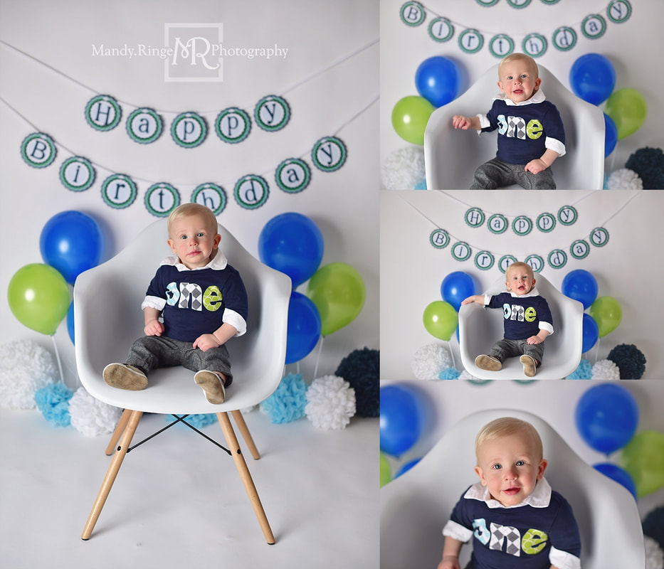 Baby boy first birthday portraits // one year old milestone, blue, green, white, navy, balloons, white chair // by Mandy Ringe Photography // St. Charles, IL Photographer