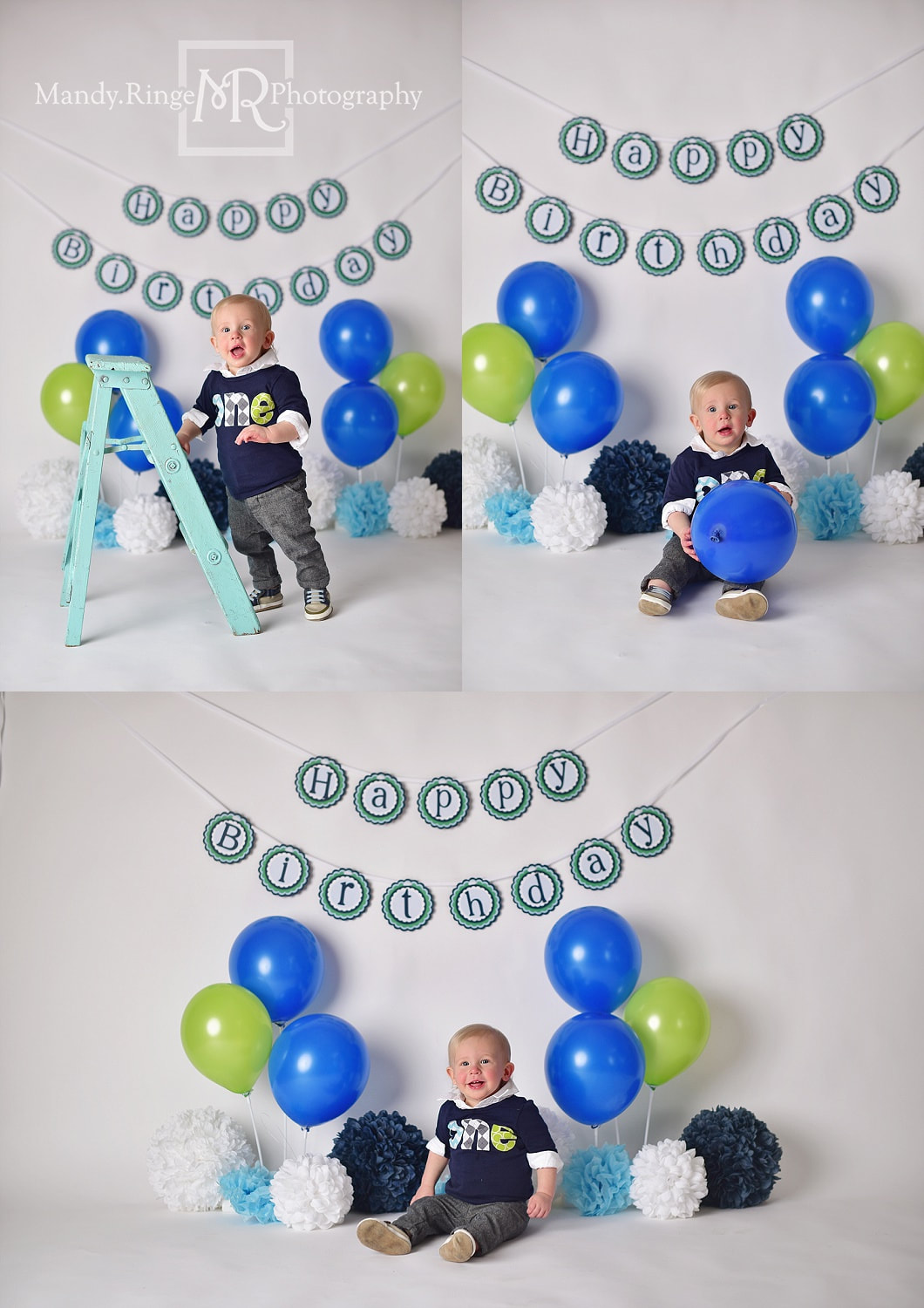 Baby boy first birthday portraits // one year old milestone, blue, green, white, navy, balloons // by Mandy Ringe Photography // St. Charles, IL Photographer