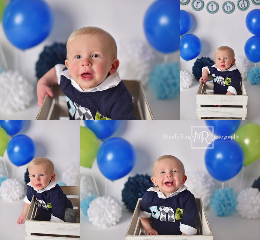 Baby boy first birthday portraits // one year old milestone, blue, green, white, navy, balloons // by Mandy Ringe Photography // St. Charles, IL Photographer