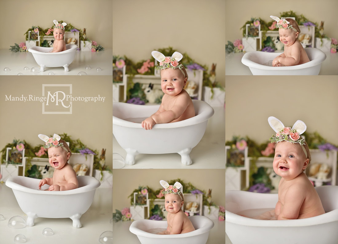 Baby girl first birthday and cake smash portraits // spring, bunnies, rabbit, one year old, flowers, floral // by Mandy Ringe Photography // St. Charles, IL Photographer