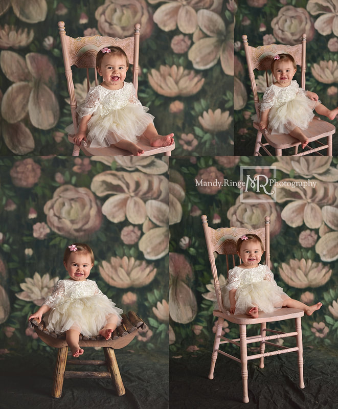 Baby girl first birthday portraits // Milestone, hand painted backdrop, one year old, floral, flowers // by Mandy Ringe Photography // St. Charles, IL Photographer