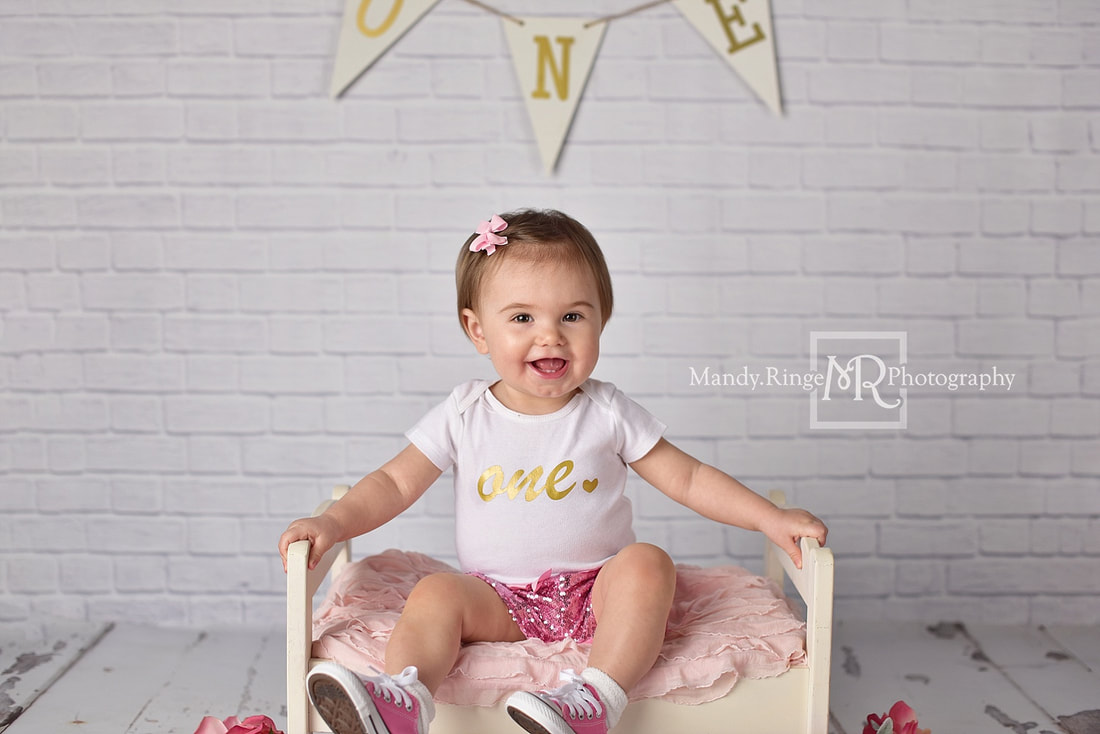 Baby girl first birthday portraits // Milestone, white brick, one year old, roses, flowers // by Mandy Ringe Photography // St. Charles, IL Photographer