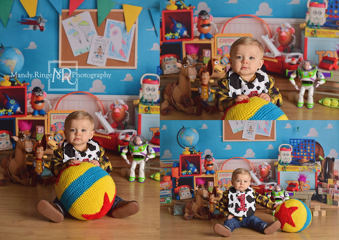 Baby boy first birthday portraits // Toy Story, Andy's Room, Disney, cowboy, Baby Dream Backdrops // by Mandy Ringe Photography // St. Charles, IL Photographer