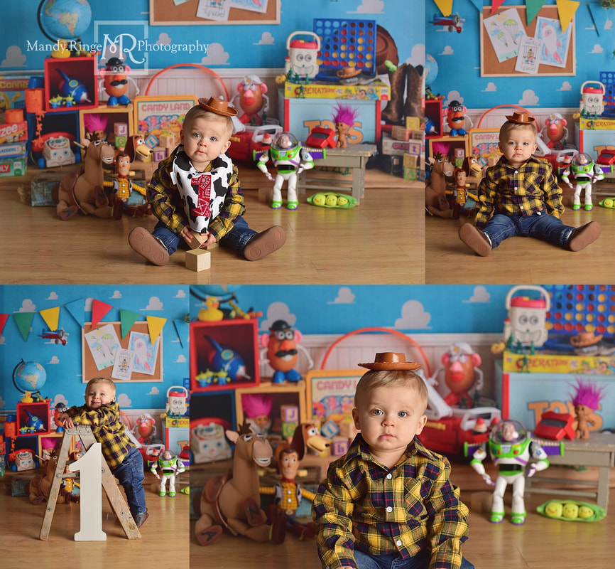 Baby boy first birthday portraits // Toy Story, Andy's Room, Disney, cowboy, Baby Dream Backdrops // by Mandy Ringe Photography // St. Charles, IL Photographer