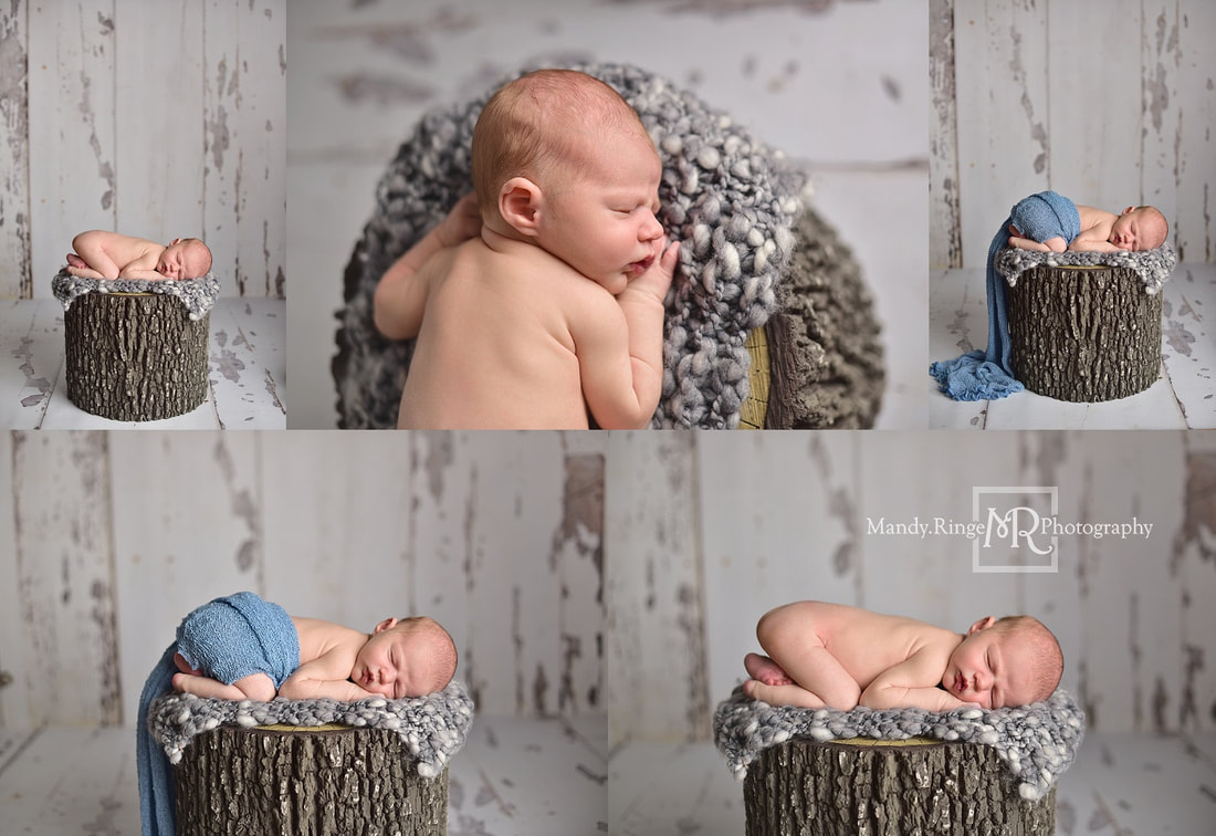 Newborn boy portraits // rustic, gray, blue, white, tree stump // by Mandy Ringe Photography // St. Charles, IL Photographer