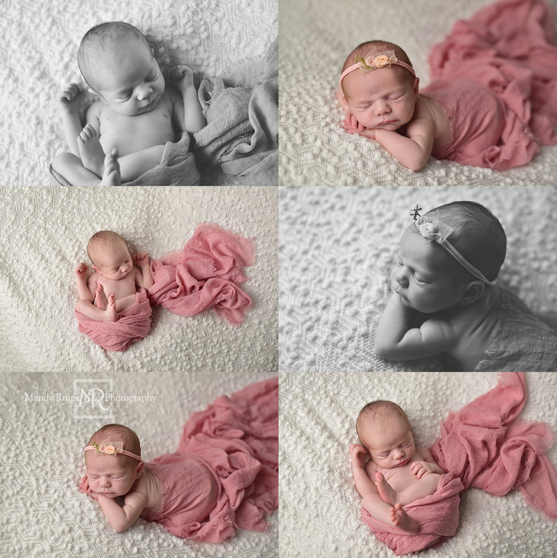 Newborn girl portrait session // floral, neutral, white, pink, beanbag // by Mandy Ringe Photography // St. Charles, IL Photographer