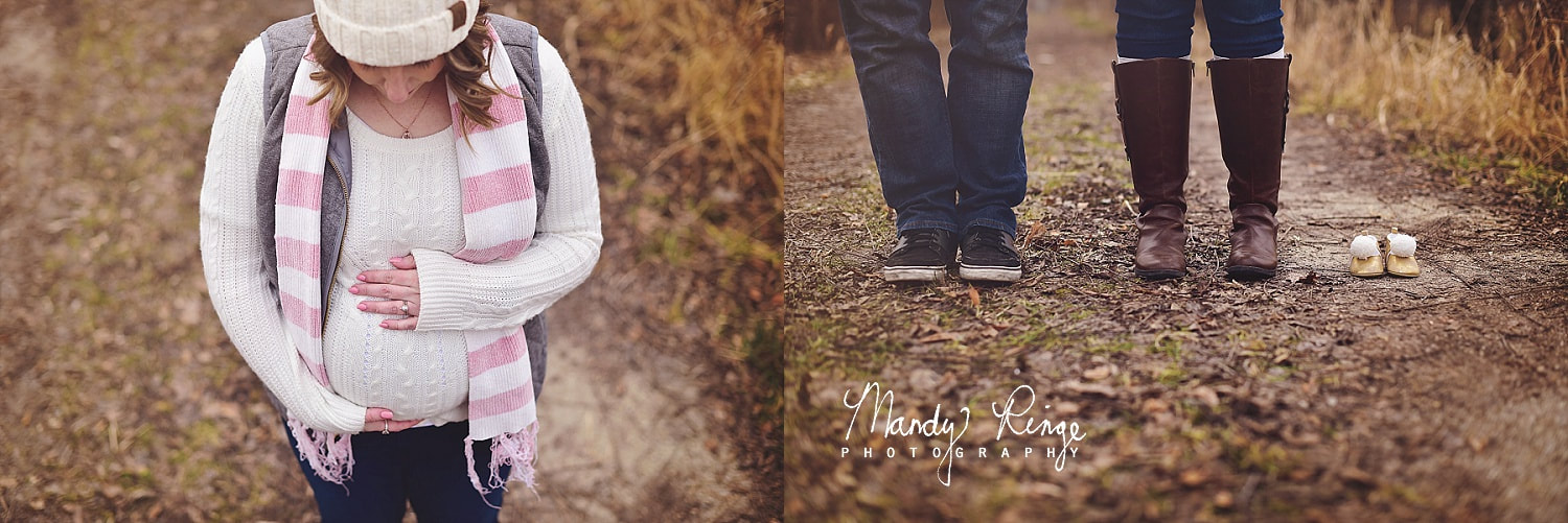 Maternity portrait session // Winter, outdoors, trees, dirt road, cloudy day // St. Charles, IL // by Mandy Ringe Photography