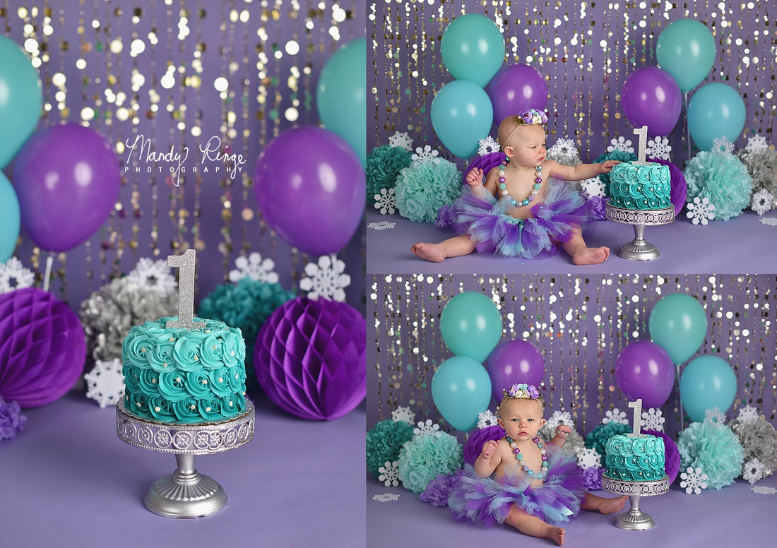 Winter ONEderland first birthday portraits // cake smash, purple, teal, aqua, silver, snow, snowflakes, sequins, bubble curtain, balloons, tutue, chunky necklace // St. Charles, IL Photographer // by Mandy Ringe Photography