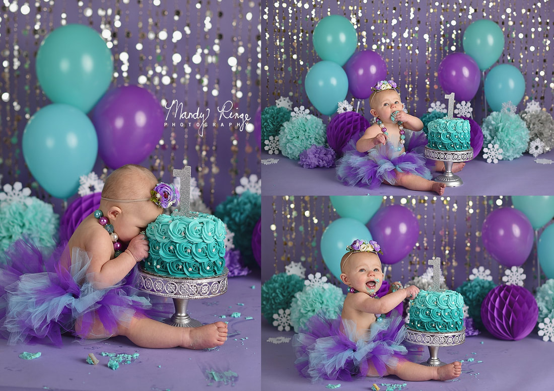 Winter ONEderland first birthday portraits // cake smash, purple, teal, aqua, silver, snow, snowflakes, sequins, bubble curtain, balloons, tutue, chunky necklace // St. Charles, IL Photographer // by Mandy Ringe Photography